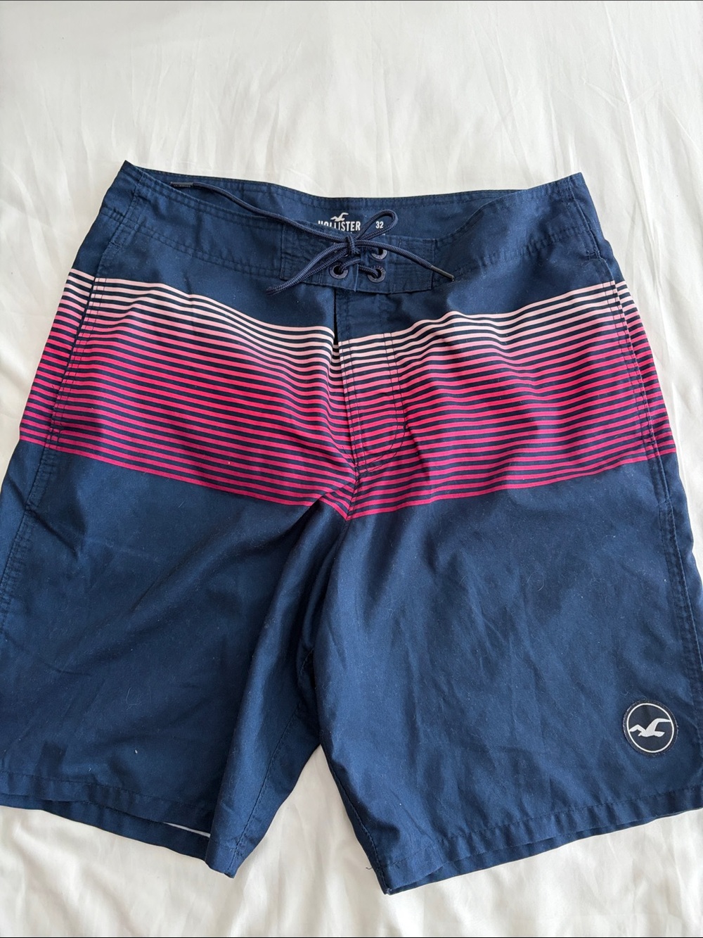 Hollister Navy Swim Shorts with Pink & White Stripes